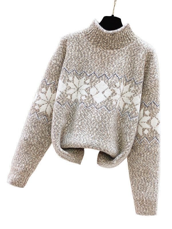 Damen kuscheliger Pullover mit hochgelegtem Kragen und winterlichem Motiv WW