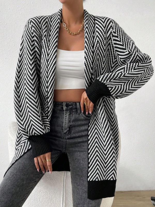 Damen langärmlige Strickjacke im modernen Chevron-Design WW