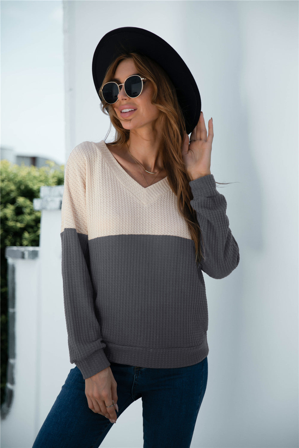 Damen lässiger V-Ausschnitt Pullover im trendigen Waffel-Design mit langen Ärmeln WW