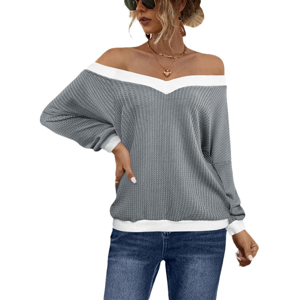 Damen Off-Shoulder Strickpullover mit Wabenstruktur WW