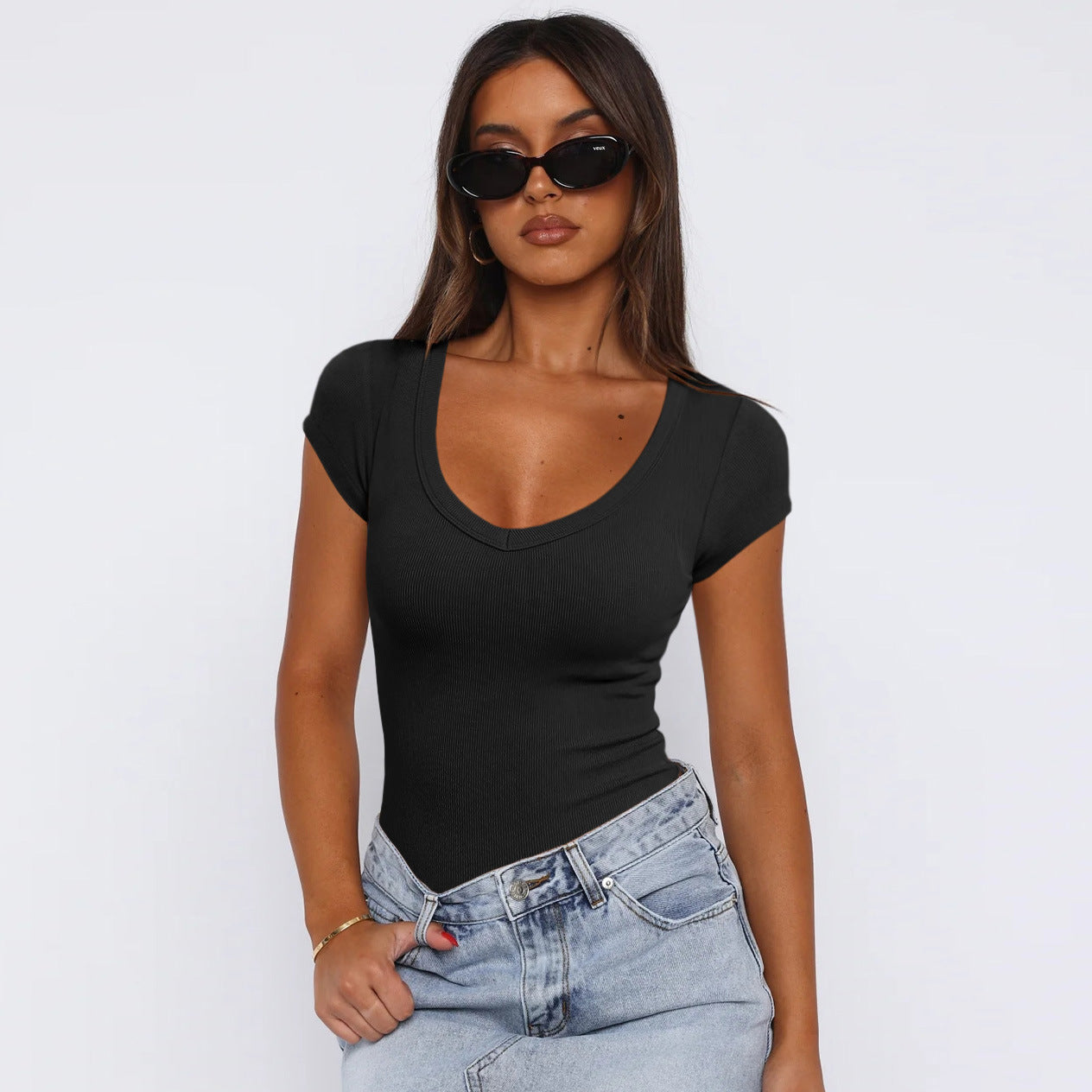 Damen Ripp-Optik V-Ausschnitt Body WW
