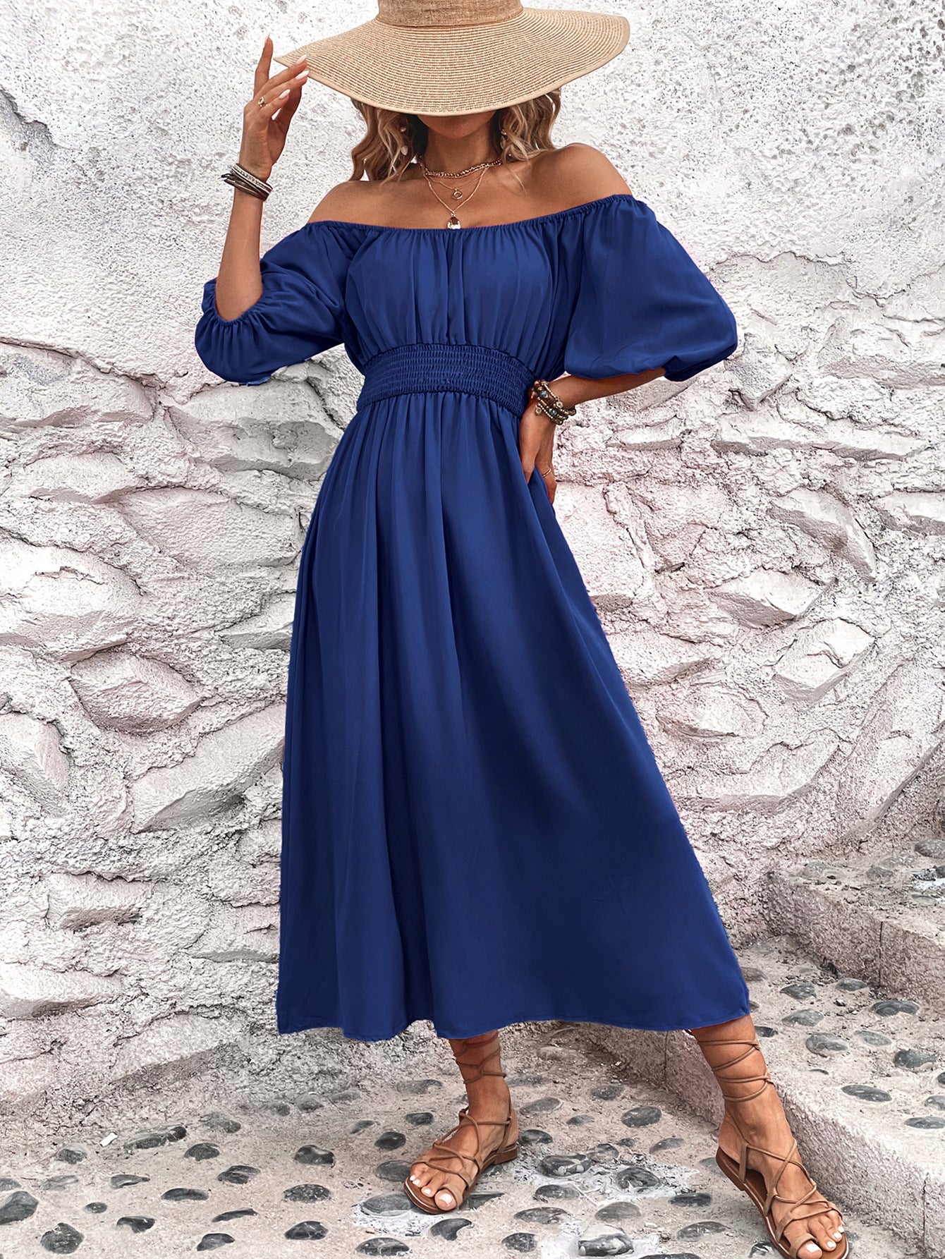 Damen Maxikleid mit schulterfreiem Ausschnitt und elastischem Taillenbund WW