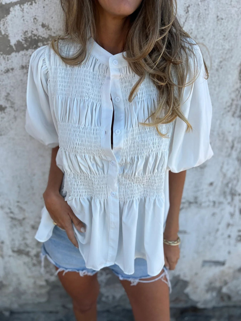 Damen elegante Bluse mit Raffung und durchgehender Knopfleiste WW