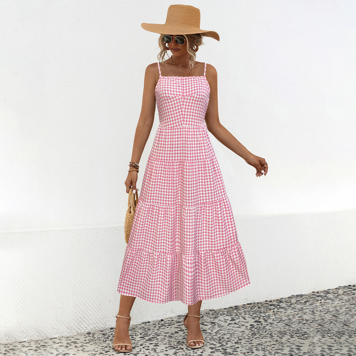 Damen Maxikleid mit kariertem Design und luftigen Rüschen WW