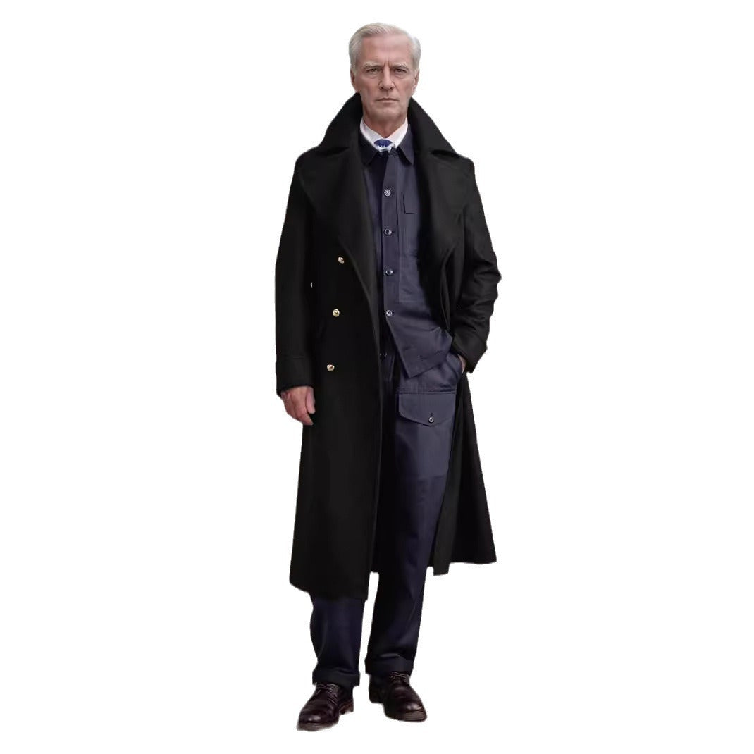 Herren eleganter Langmantel mit doppeltem Knopfverschluss und großem Revers WW