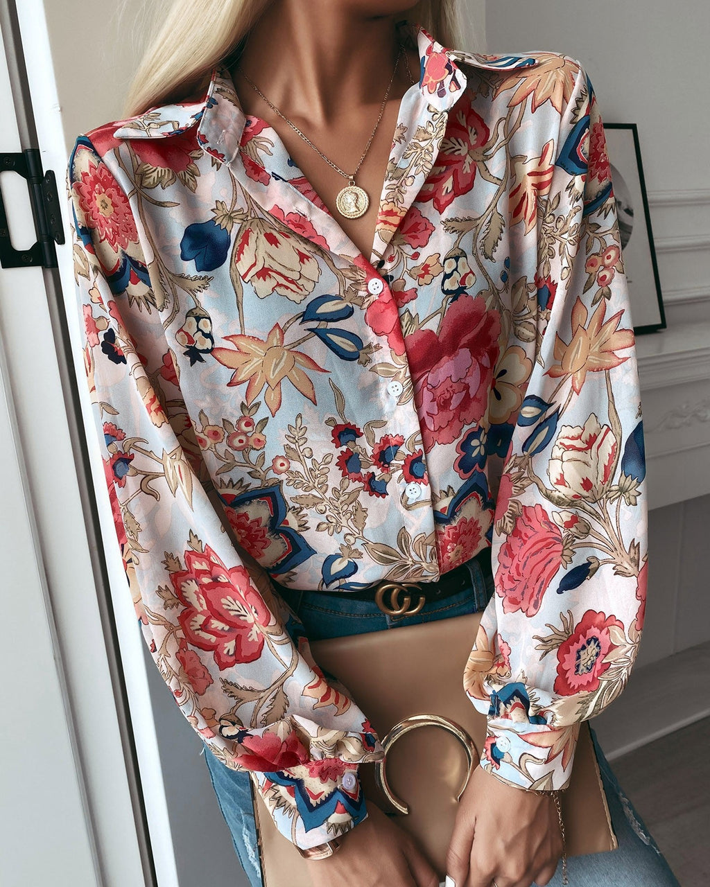 Damen elegante Bluse mit floralem Muster und modernen Puffärmeln WW
