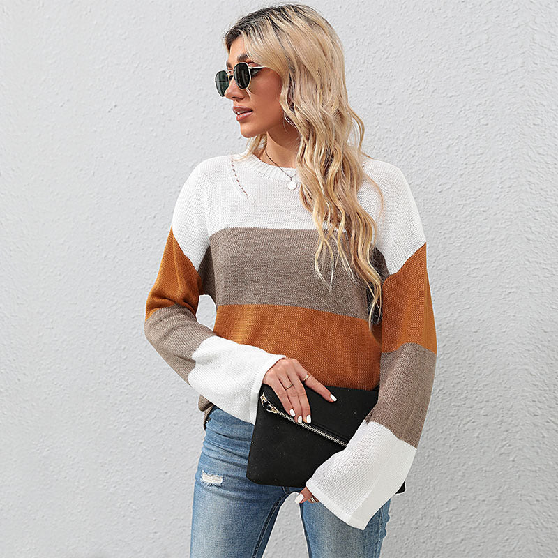 Damen lässiges Strickoberteil mit modischem Blockstreifen-Winterdesign WW