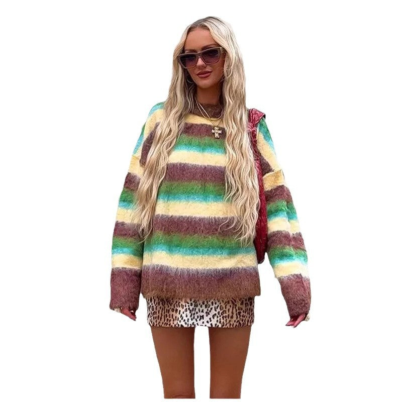 Damen Oversized Strickpullover mit farbenfrohen Streifen WW