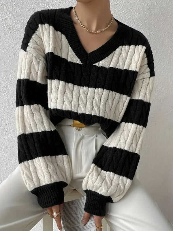 Damen V-Ausschnitt Strickpullover mit Rippstruktur und langen Ärmeln WW