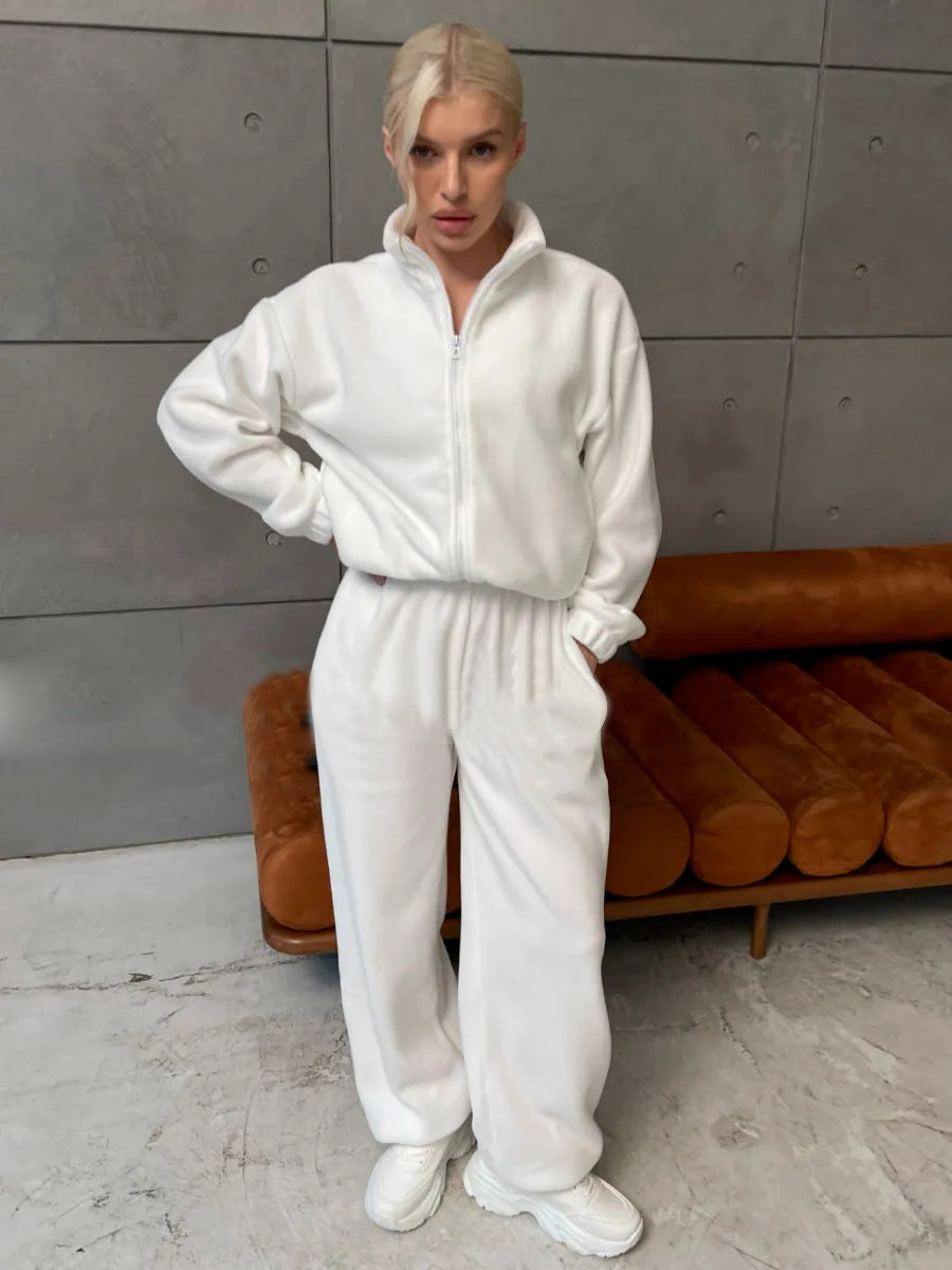 Damen sportliches Fleece-Jogginganzug mit hohem Kragen und hochwertigem Reißverschluss WW