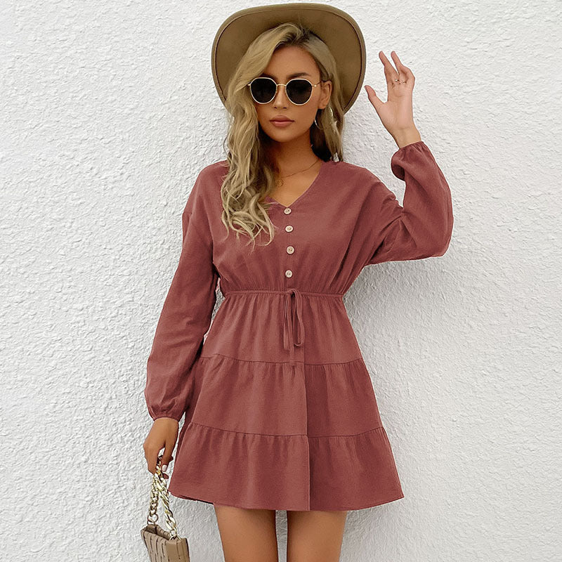 Damen Midi-Kleid mit knöpfbarem Ausschnitt und Taillenbindung WW
