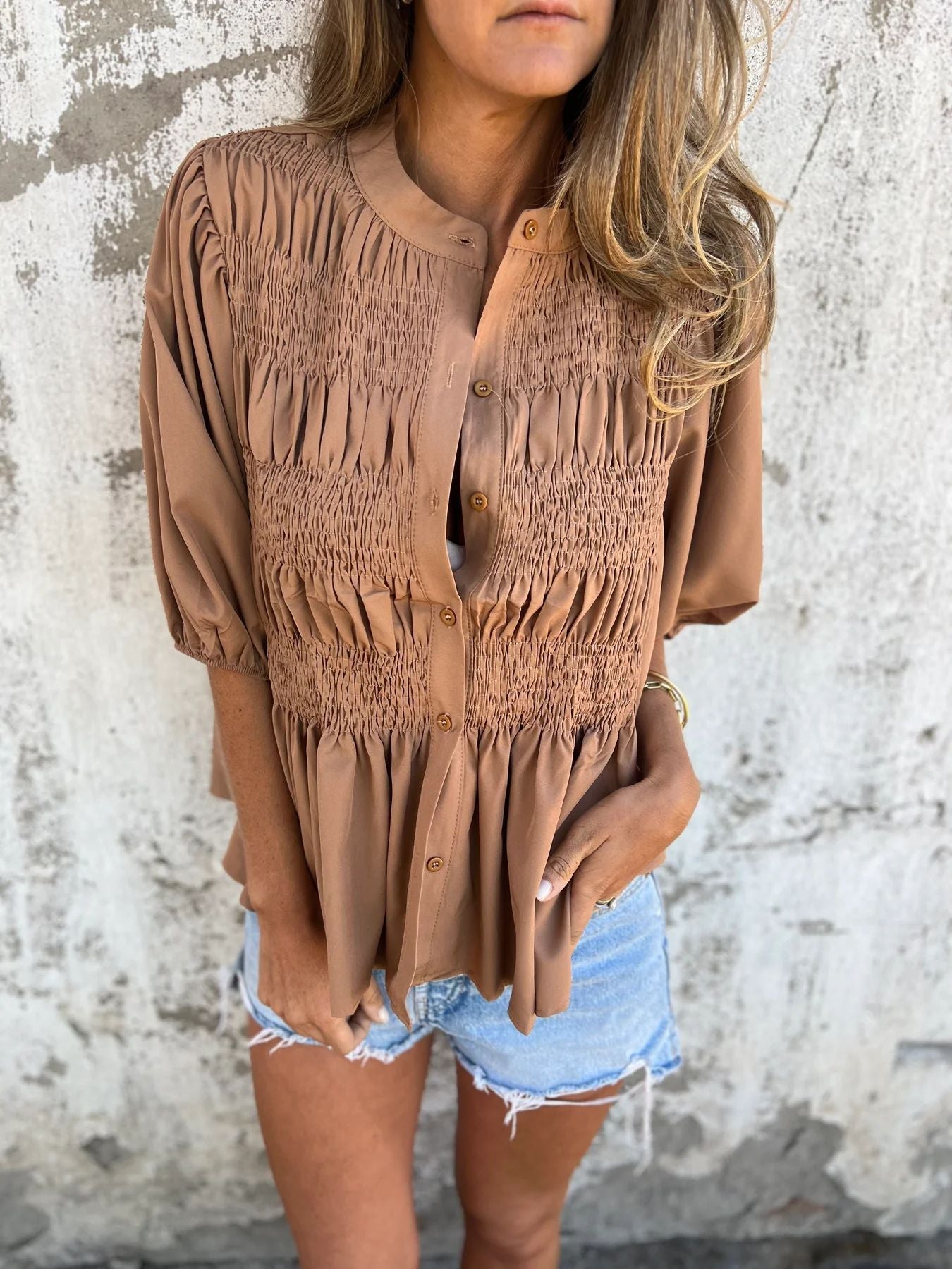 Damen elegante Bluse mit Raffung und durchgehender Knopfleiste WW