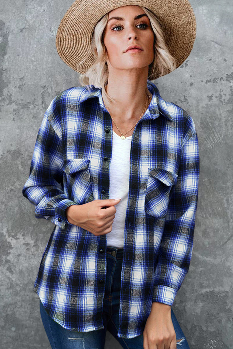Damen Karierte Flanellbluse mit Brusttaschen und bequemer Passform WW