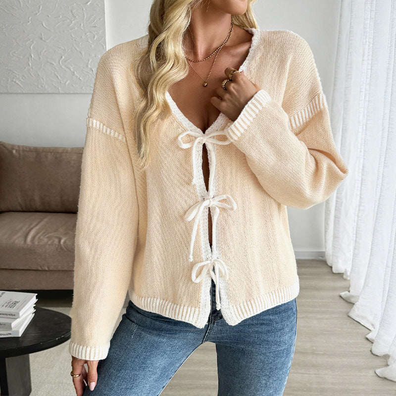 Damen lässiger Strickcardigan mit dekorativen Bindebändern WW