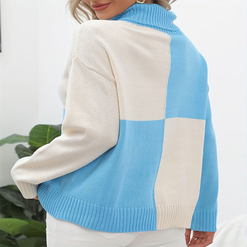 Damen Pullover mit hohem Kragen und modernem Patchwork-Design WW