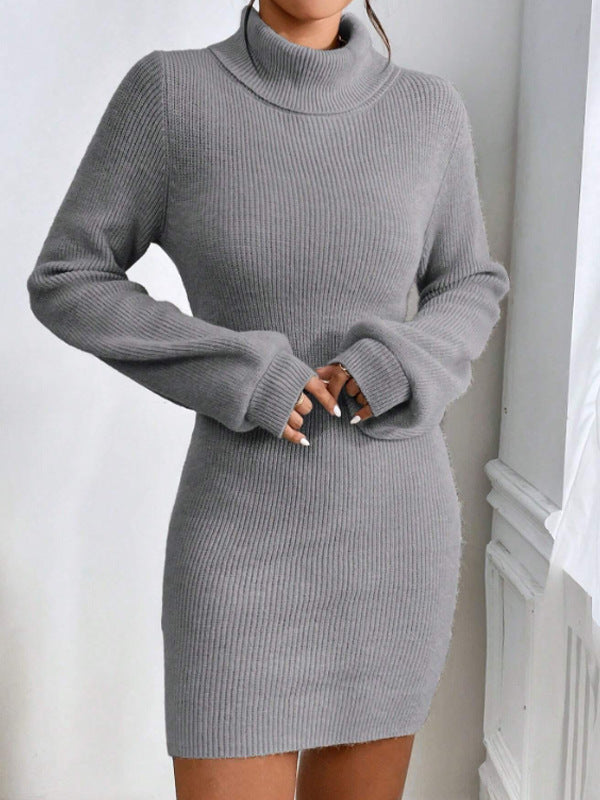 Damen Strickkleid mit hohem Kragen und langen Ärmeln WW