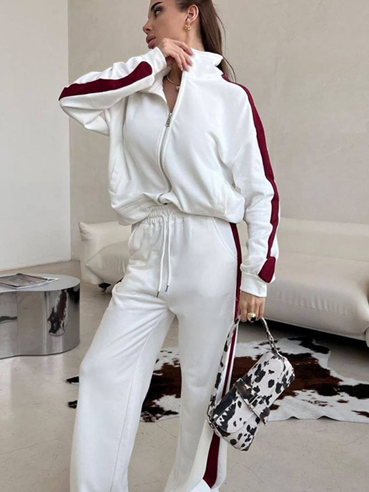 Damen sportliches Fleece-Set mit Stehkragen und seitlichen Kontraststreifen WW