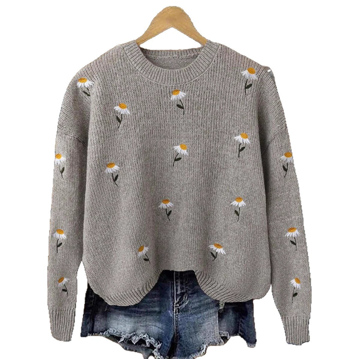 Damen Gemütlicher Strickpullover mit floralen Applikationen WW