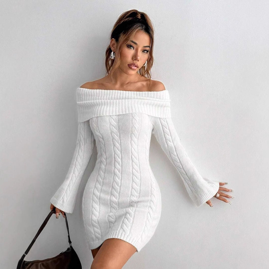 Damen Off-Shoulder Strickkleid mit Zopfmuster und voluminösen Ärmeln WW