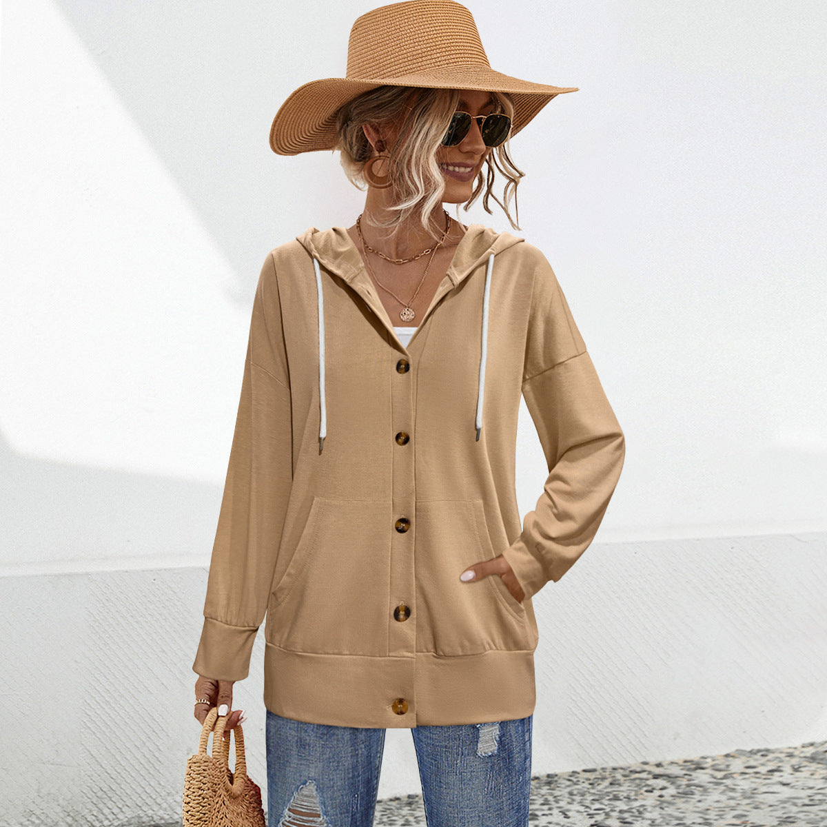 Damen leichte Kapuzenjacke mit praktischen Taschen und Knopfverschluss WW