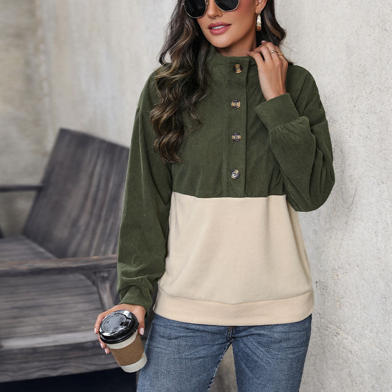 Damen gemütlicher Oversized Pullover mit Knopfleiste und farblich abgesetztem Design WW