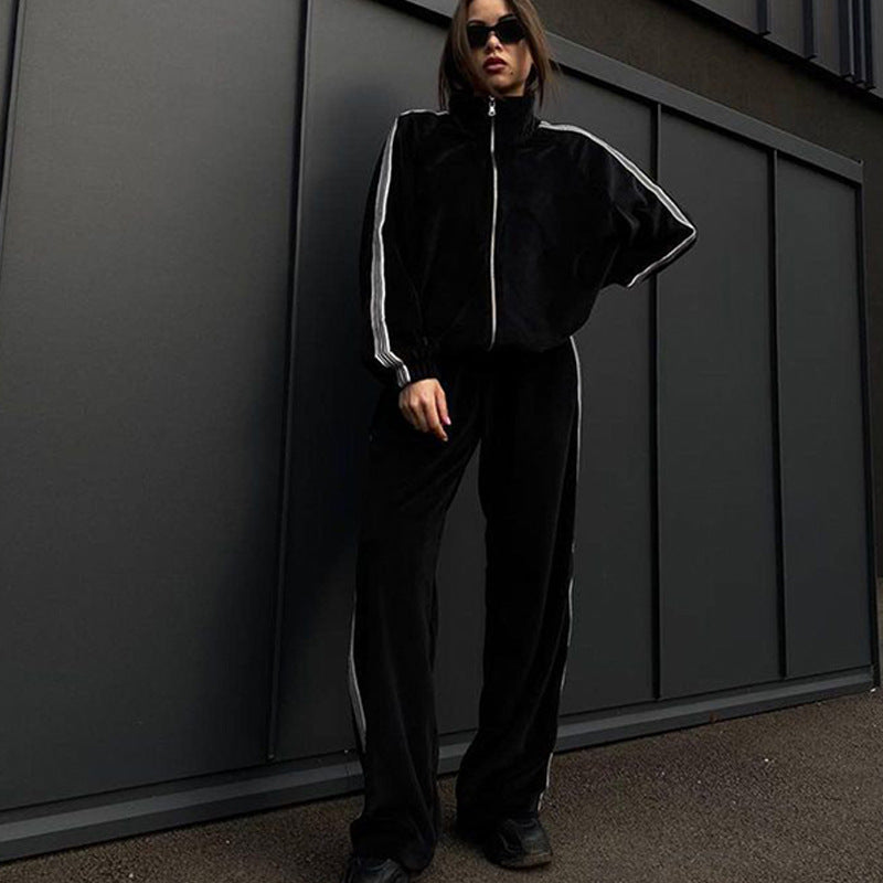 Damen sportliches Fleece-Loungewear-Set mit hohem Kragen und elastischem Bund WW