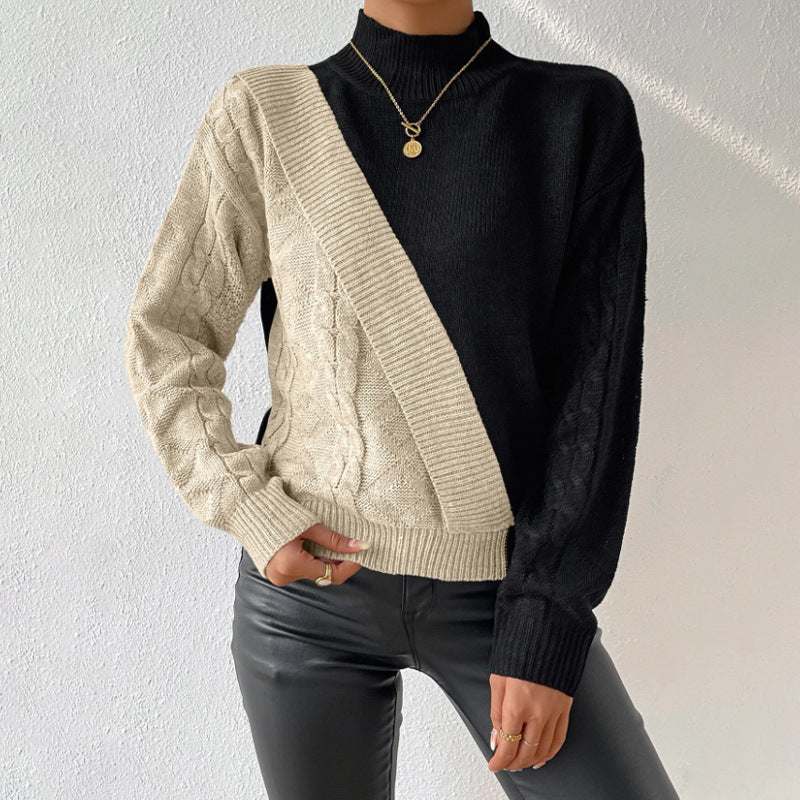 Damen modischer Strickpullover mit asymmetrischem Zopfdesign und hohen Kragen WW