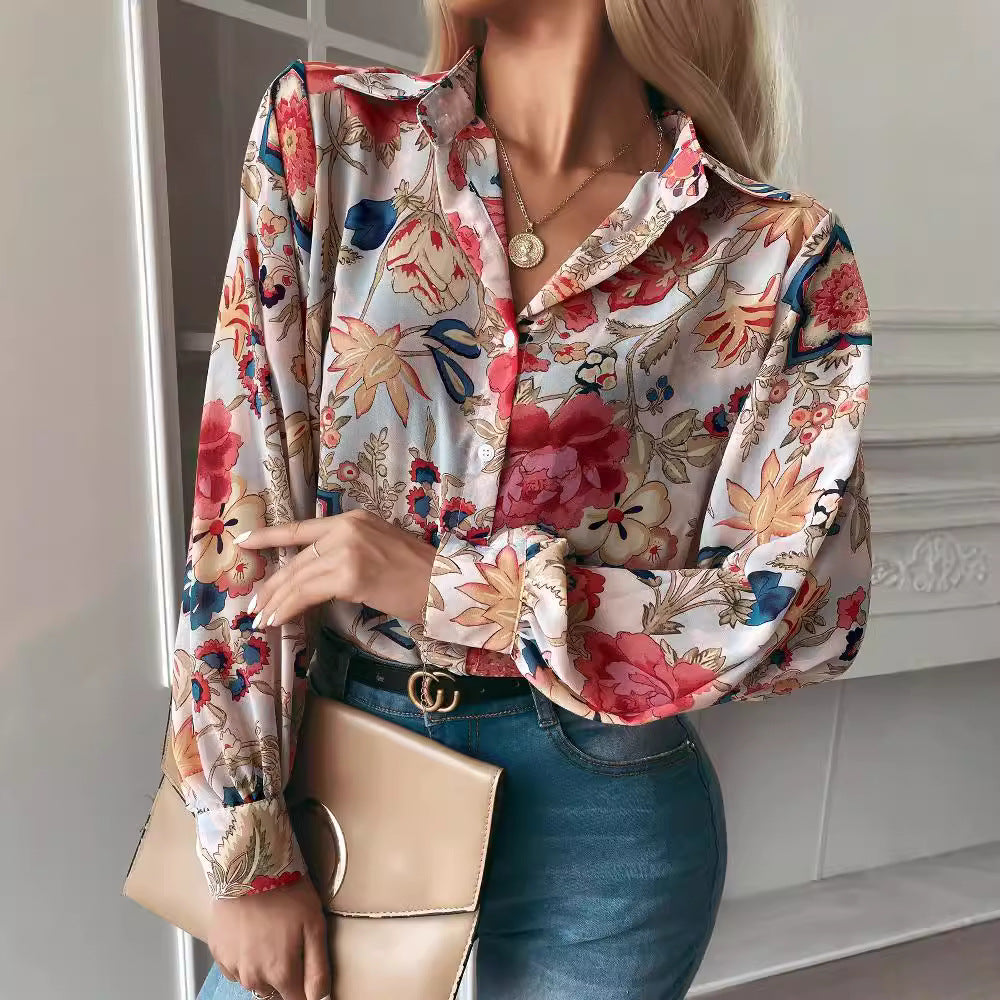 Damen elegante Bluse mit floralem Muster und modernen Puffärmeln WW
