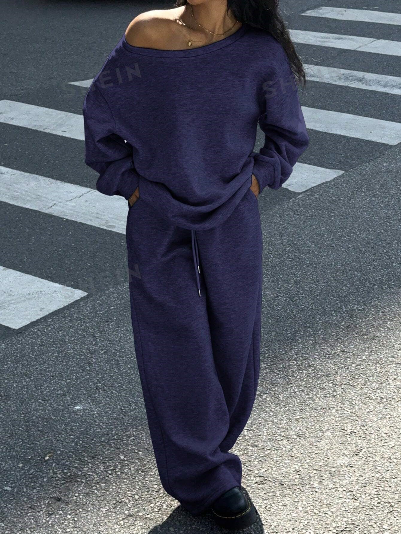 Damen lässiges Oversized Sweat- und Jogginganzug-Set mit seitlichen Taschen WW
