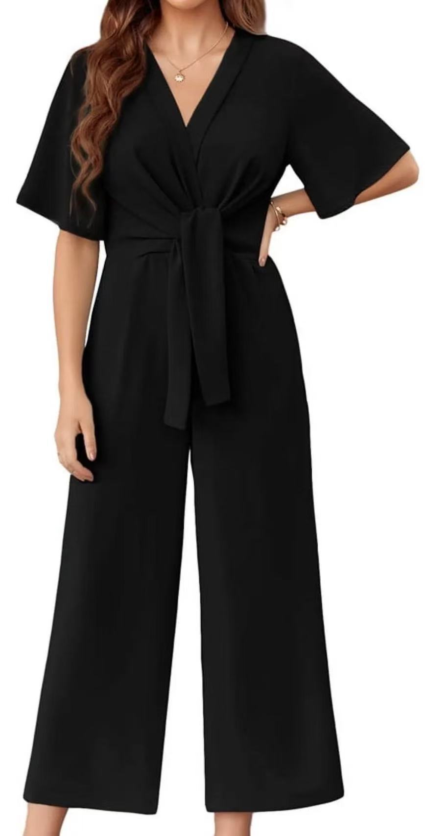 Damen Jumpsuit mit Taillenknoten und weitem Bein WW