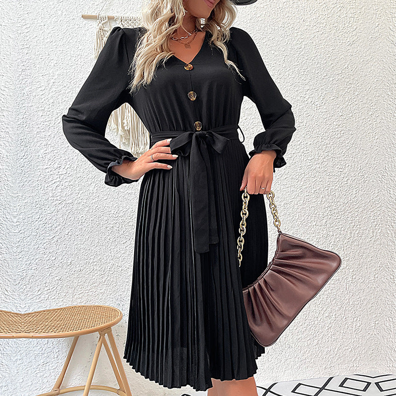 Damen Faltenrock-Kleid mit Knopfleiste und Gürtel WW