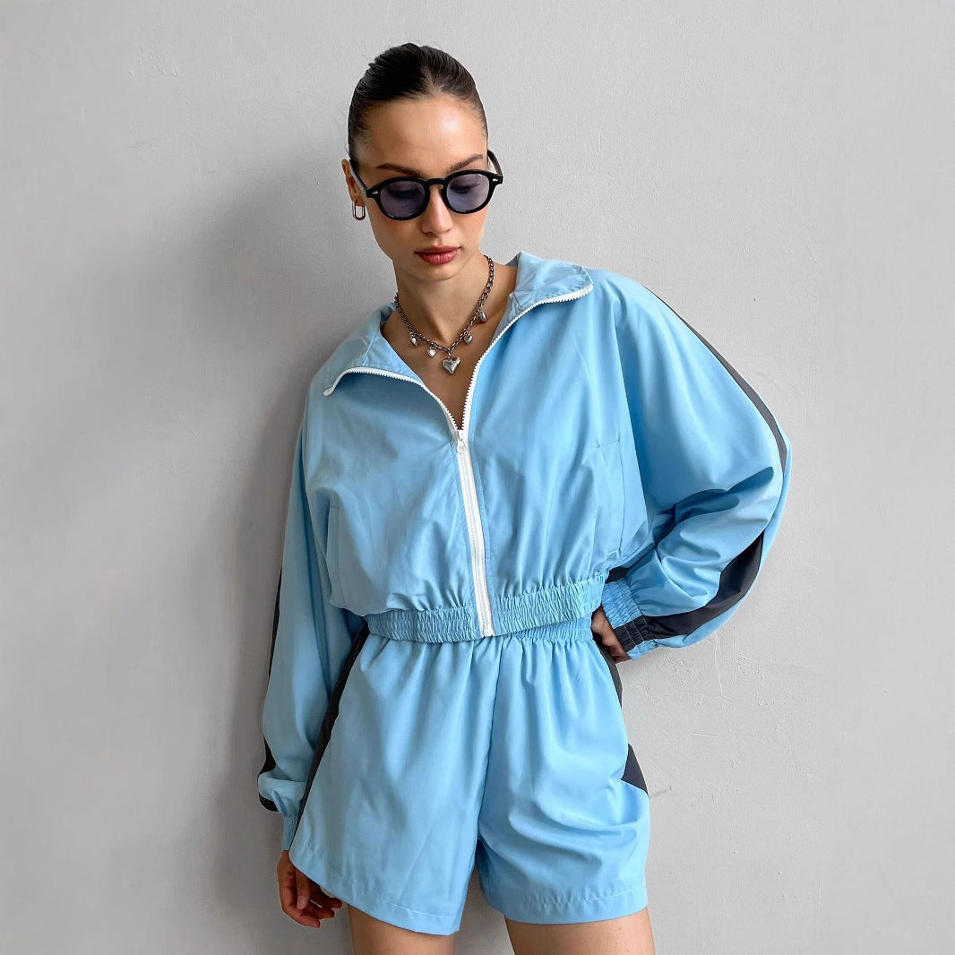 Damen sportliches Windbreaker-Set mit elastischem Bund und stylischen Kontraststreifen WW