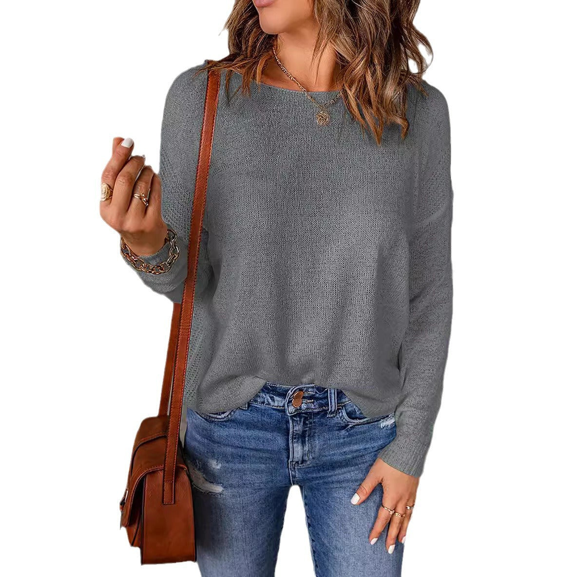 Damen lässiger Feinstrickpullover mit weitem Schnitt und langen Ärmeln WW