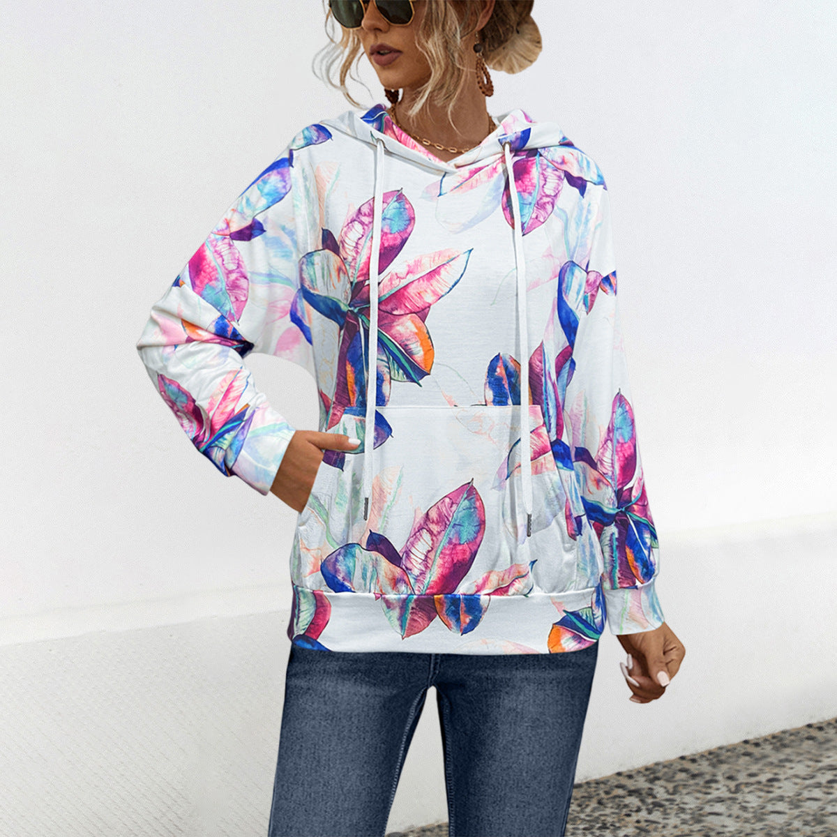 Damen Hoodie mit floralem Design und praktischer Bauchtasche WW