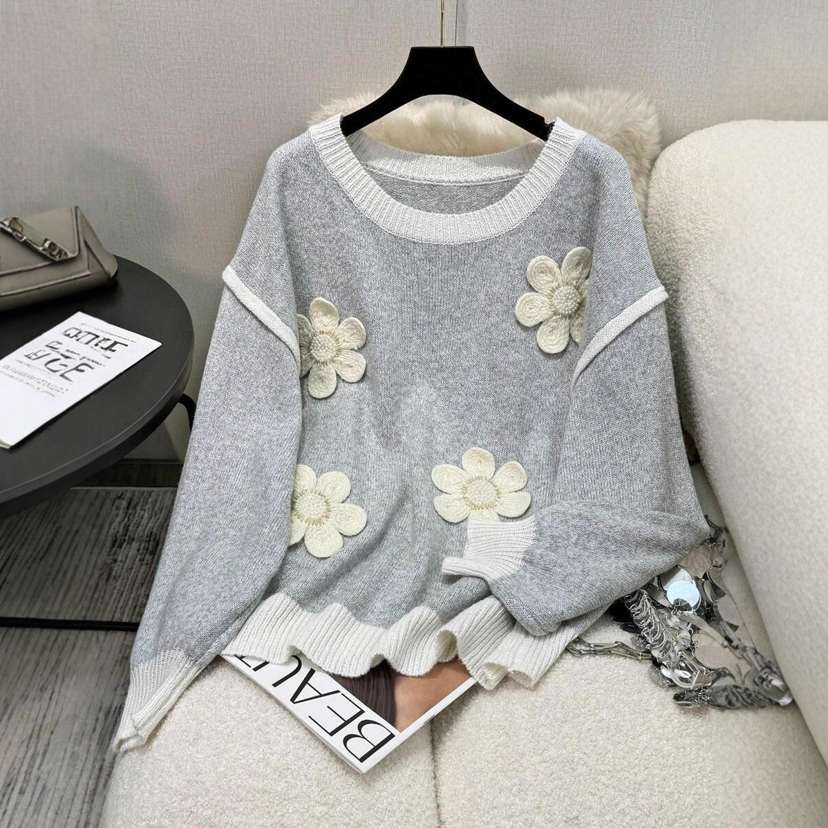 Damen Strickpullover mit floralen Applikationen WW