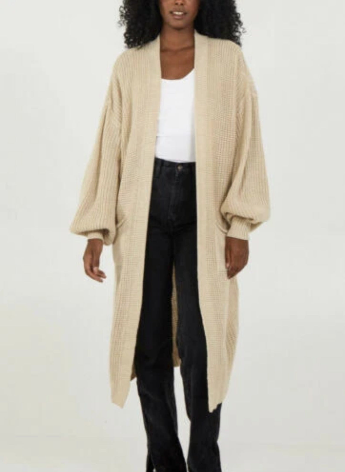 Damen Langer Strickcardigan mit voluminösen Ärmeln und offenem Schnitt WW