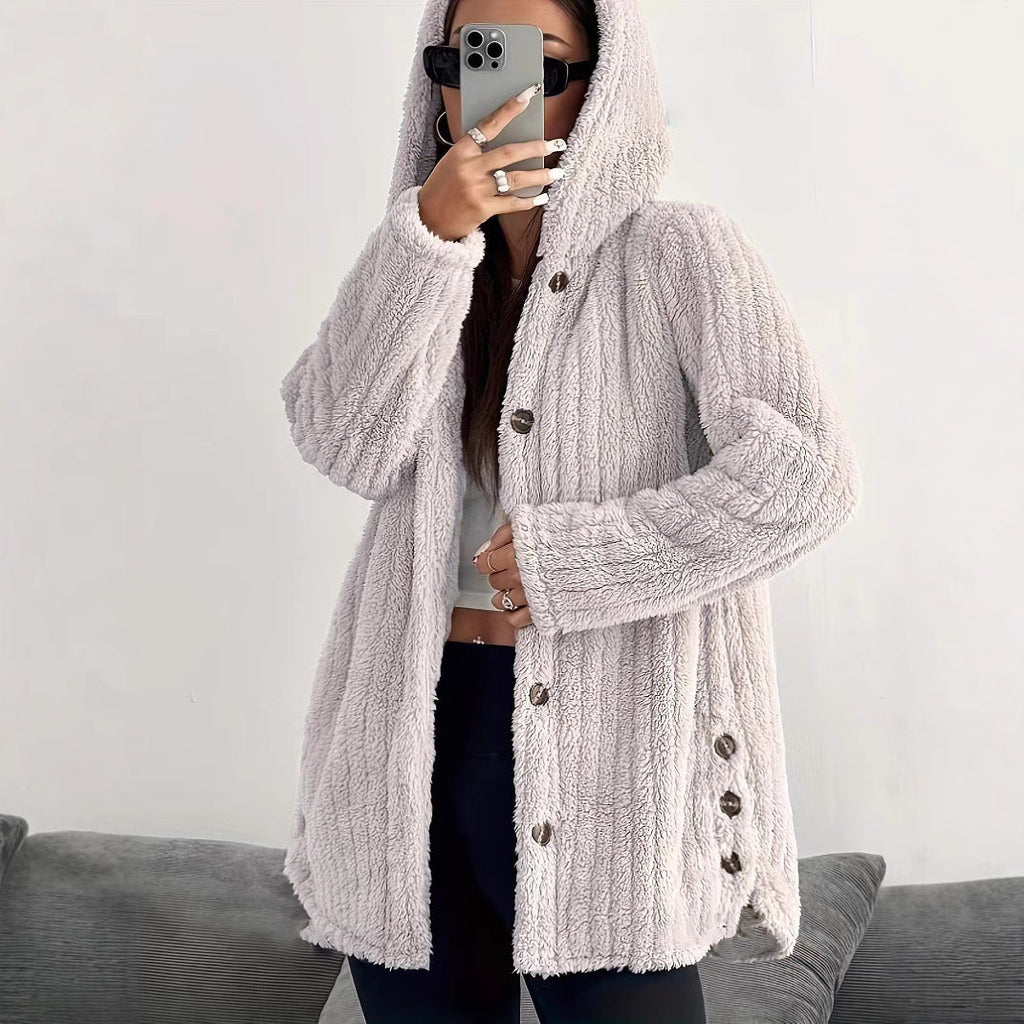 Damen kuschelige Fleecejacke mit Kapuze und Knopfverschluss WW