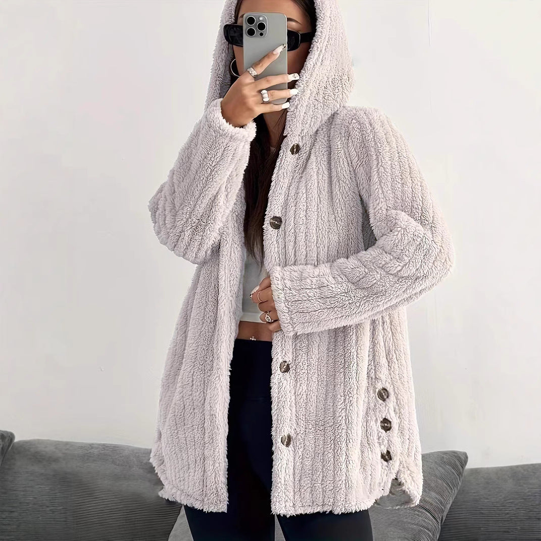 Damen kuschelige Fleecejacke mit Kapuze und Knopfverschluss WW