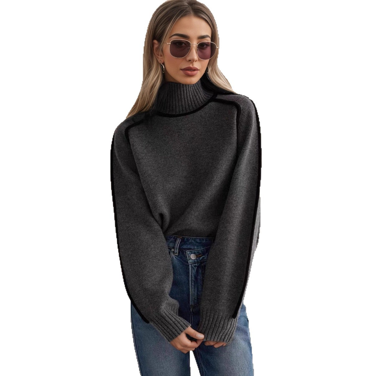 Damen Pullover mit hohem Kragen und Volumenärmeln WW