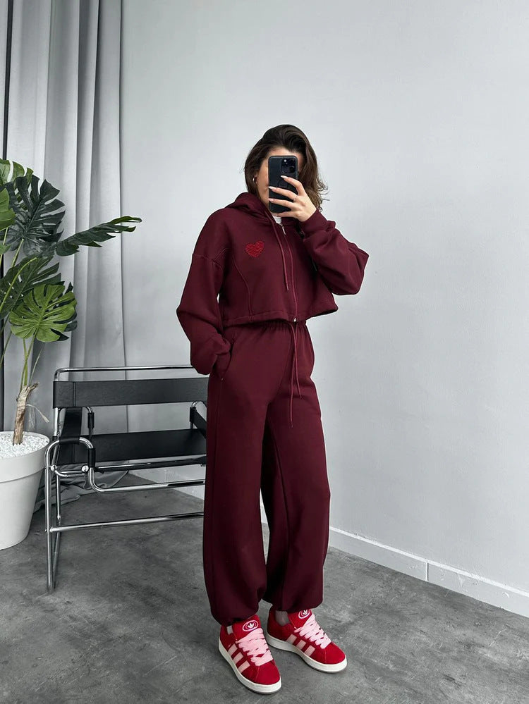 Damen lässiger Kapuzencropped-Pullover und Jogginghose Set mit hohem Bund WW