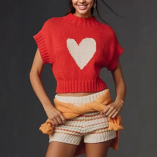 Damen lässiger Kurzarm Pullover mit Herzmotiv WW