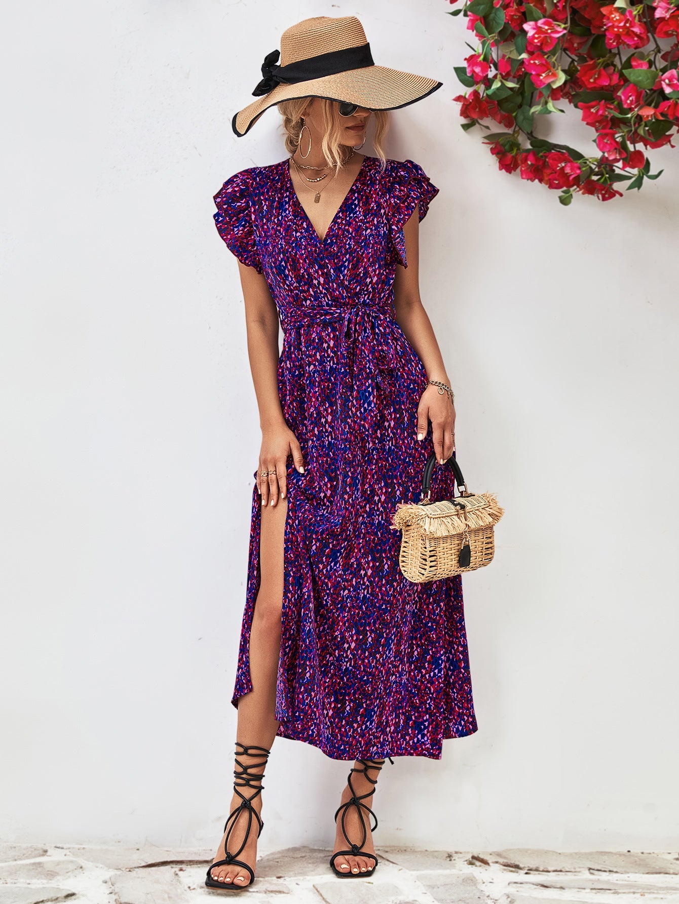 Damen Maxikleid mit eleganten Rüschendetails und hohem Schlitz WW