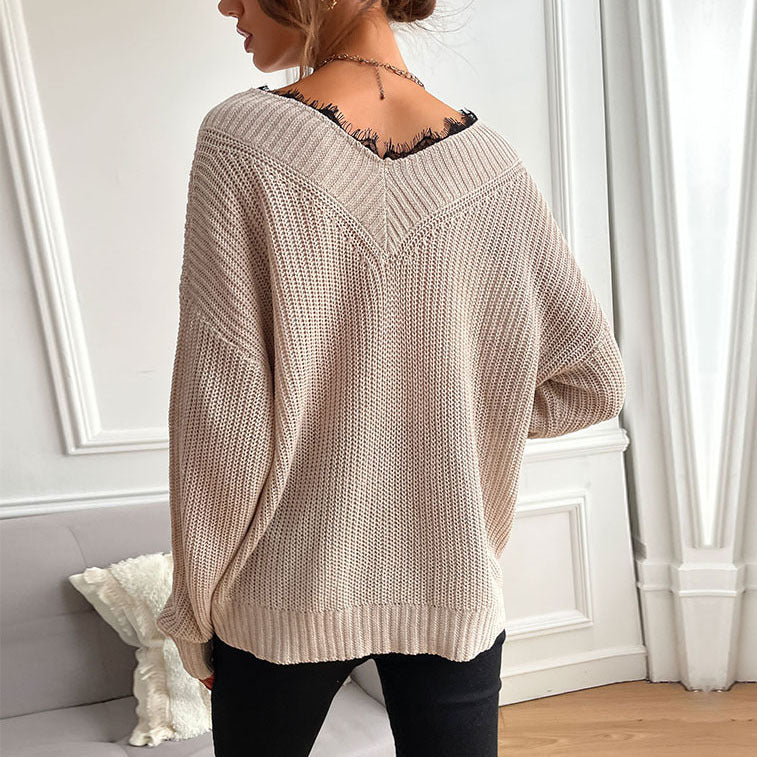 Damen lässiges Strickoberteil mit modischem V-Ausschnitt und detailreicher Textur WW
