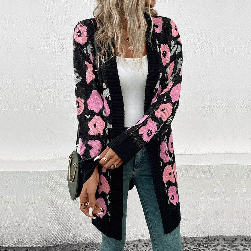 Damen Strickjacke mit floralem Muster und offenem Schnitt WW