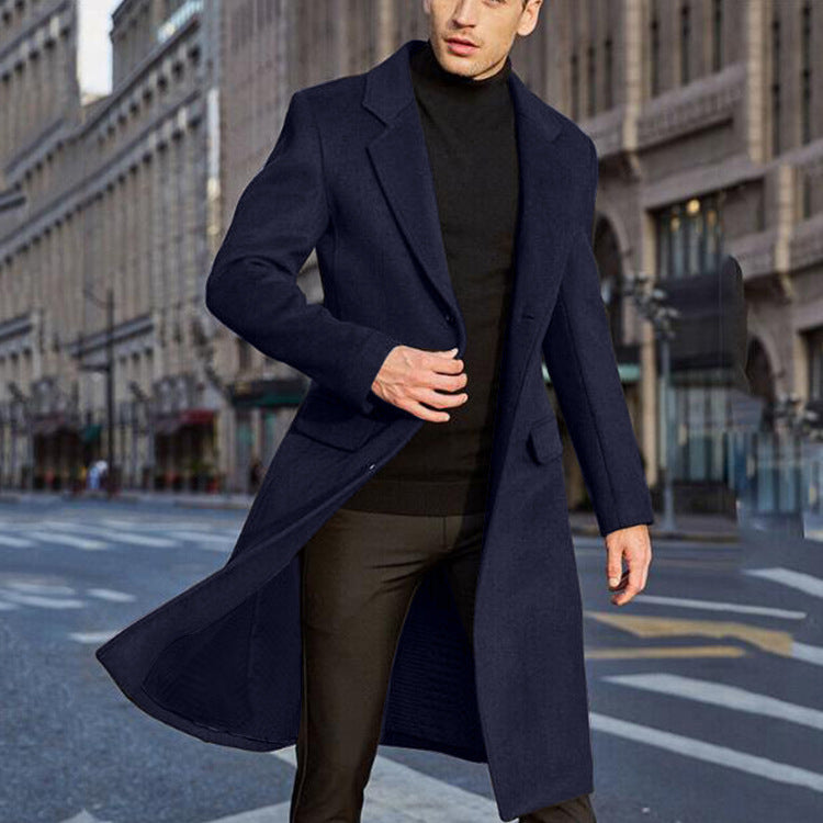 Herren eleganter, lange gefütterter Wollmantel mit klassischem Revers und tiefen Taschen WW