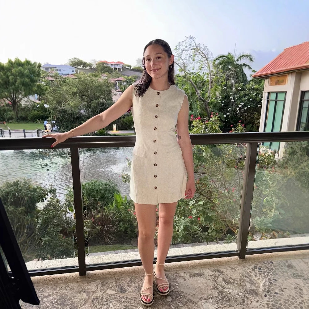 Damen ärmelloses Blusenkleid mit praktischen Taschen und dekorativen Knopfdetails WW