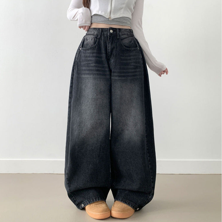 Damen Weite High-Waist Denim-Hose mit Faltenwurf WW