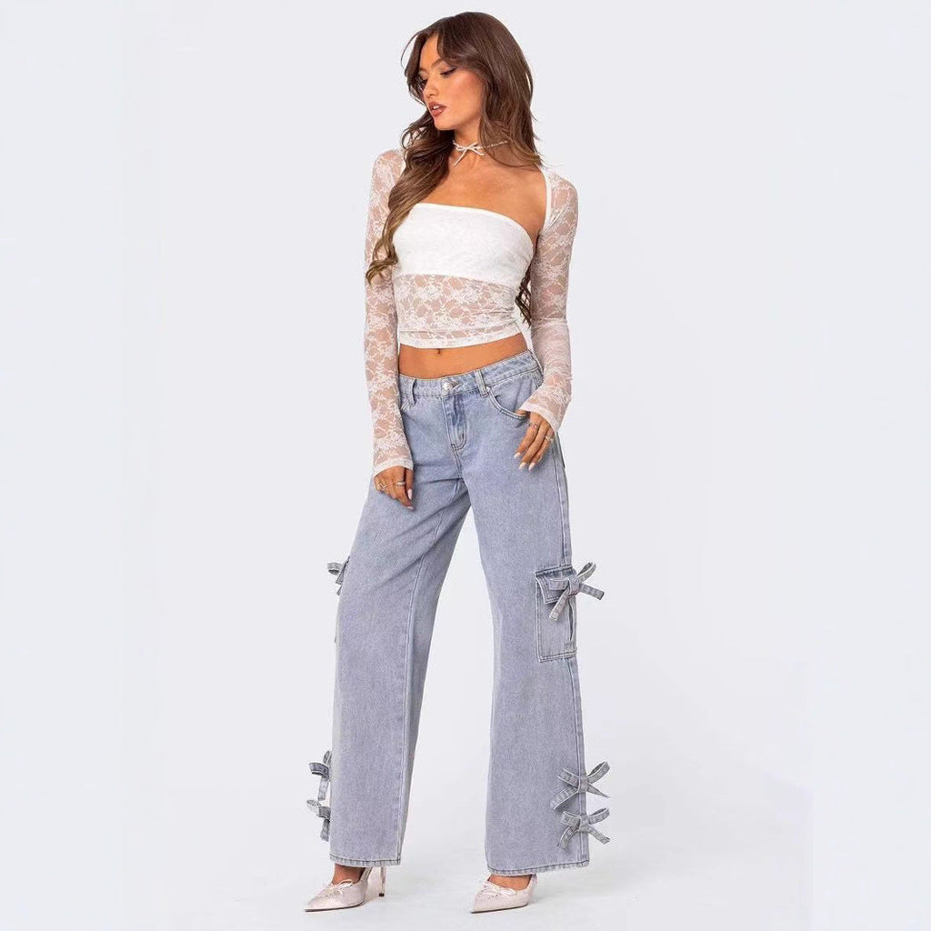 Damen lässige Cargo-Jeans mit stylischem Schleifen-Detail WW