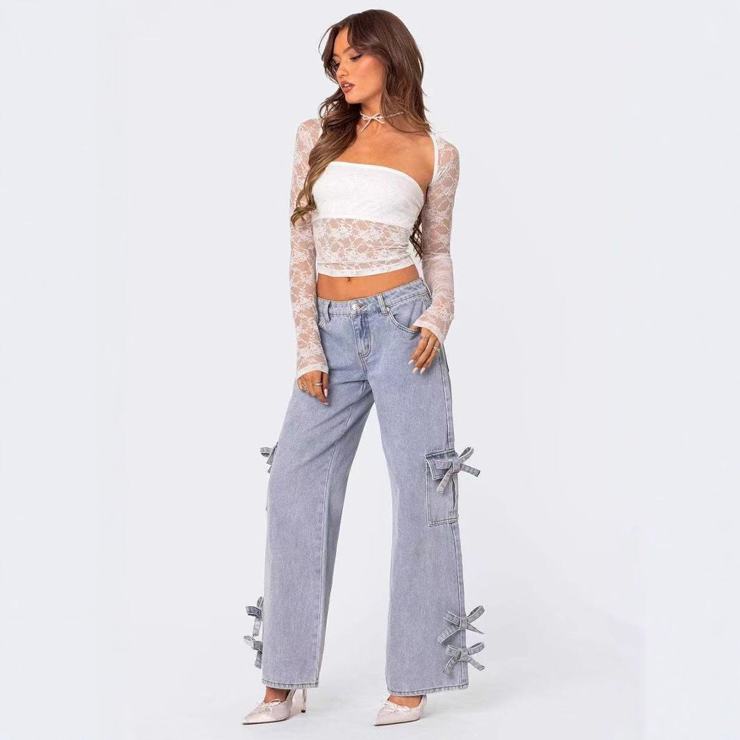 Damen lässige Cargo-Jeans mit stylischem Schleifen-Detail WW