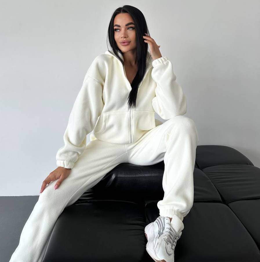 Damen sportliches Fleece-Set mit hohem Kragen und seitlichen Taschen WW